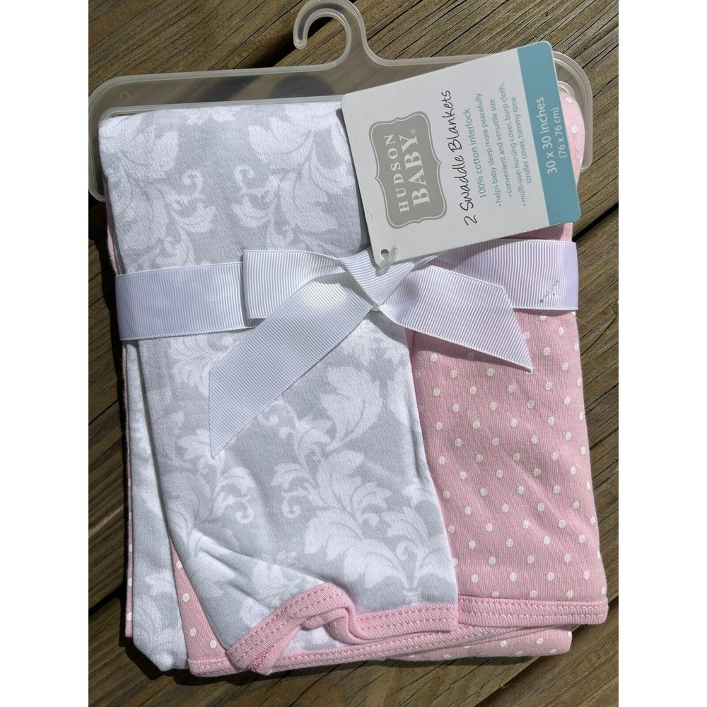 Hudson Baby 2 Swaddling Blankets, Cotton Pink Polka Dots Gray Damask Girls New